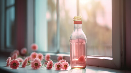 A bottle of pink liquid sits on a windowsill with flowers in the background.