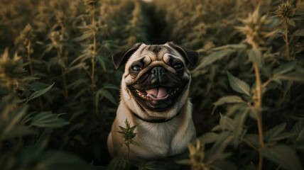 A pug dog in a field of corn