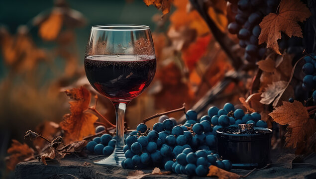 Autumn's Delight: Captivating Red Wine and Grapes Table by a Vineyard, Embrace the Richness of the Harvest Season. AI Generative
