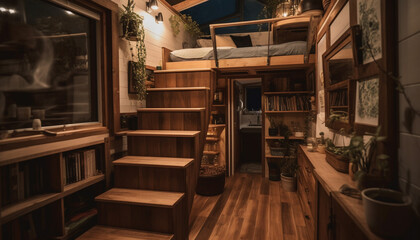 Luxury bookshelf design in modern rustic apartment generated by AI