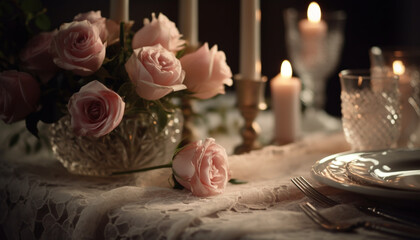 Romantic candlelight, elegance, and fresh flower arrangement generated by AI