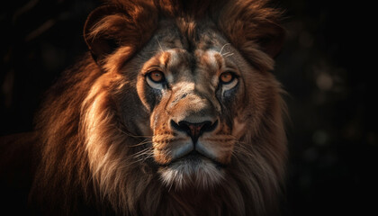 Fototapeta premium Majestic lion staring with strength in savannah generated by AI