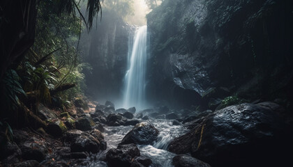 Fototapeta na wymiar Tranquil scene of tropical rainforest waterfall beauty generated by AI