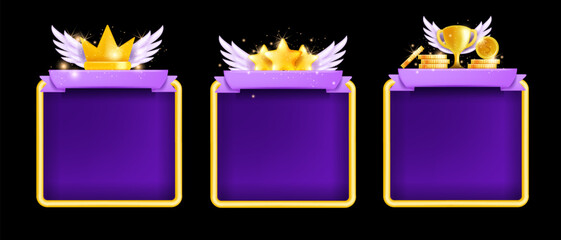 3D game frame UI background shield, vector victory player award, winner level up menu board, stars. Cartoon magic mobile app achievement kit, golden cup, crown, wings. Game frame reward prize medal © Oleksandra