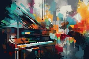 a painting of a piano with a colorful background, generative AI