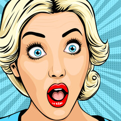 Beautiful blonde woman with wide open eyes and open mouth, vintage pop art comic style, vector illustration