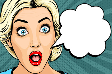 Beautiful blonde woman with wide open eyes and speech bubble, vintage pop art comic style, vector illustration