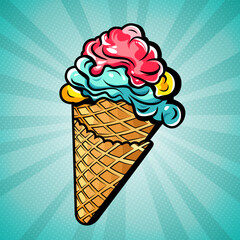 Rainbow appetizing ice cream in a waffle cone overpop art background, vector comic illustration