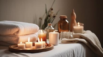 Fototapeta na wymiar Serene Relaxation Haven. Empty background with a massage table adorned with towels, candles, and aromatherapy oils. Copy space for text. Spa retreat, wellness AI Generative