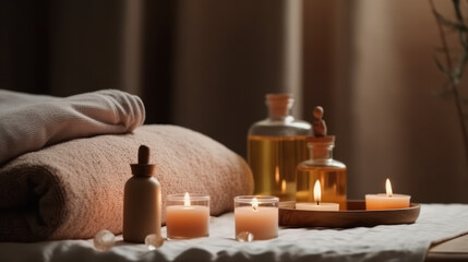 Obraz na płótnie Canvas Serene Relaxation Haven. Empty background with a massage table adorned with towels, candles, and aromatherapy oils. Copy space for text. Spa retreat, wellness AI Generative