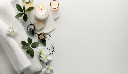 Serene Relaxation Haven. Empty background with a massage table adorned with towels, candles, and aromatherapy oils. Copy space for text. Spa retreat, wellness AI Generative