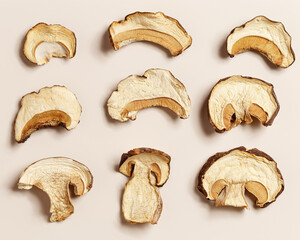 Set of dried slices of porcini on beige background, dehydrated food boletus mushrooms, top view, flatlay. Gourmet food ingredient, vegetable protein wild forest white mushroom, healthy eating