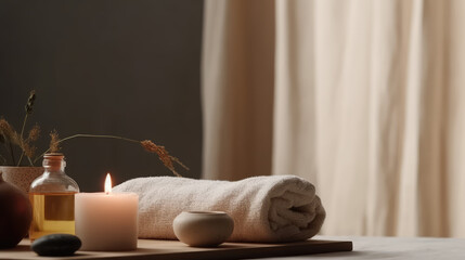Serene Relaxation Haven. Empty background with a massage table adorned with towels, candles, and aromatherapy oils. Copy space for text. Spa retreat, wellness AI Generative