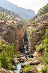 Views of the Caminito del Rey in Malaga, gorges, valleys, walkways, metal walkways, walking along a ferrata route during a sunny summer day