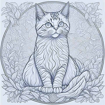 Beautiful cute cat, coloring page for adults, photo realistic, clean line art , mandala, high detailed