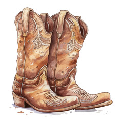 A rustic watercolor illustration of cowgirl boots, with a warm, earthy color palette and a weathered, textured look, Generative Ai