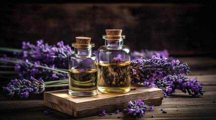 Two bottles with lavender essential oil on the wooden desk and twigs of fresh lavender on hte rustic background, illustration with copy space, generative AI