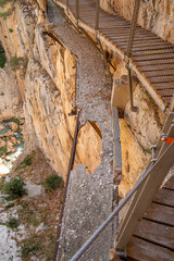 Views of the Caminito del Rey in Malaga, gorges, valleys, walkways, metal walkways, walking along a ferrata route during a sunny summer day