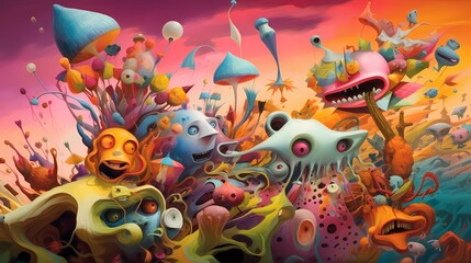 Surreal, Colorful and Dynamic Composition with Fun and Entertaining Elements in a Happy Fantasy Landscape View. Abstract Artwork Generative AI
