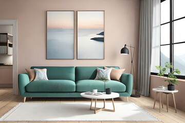 Mockup frame in interior background, room in light pastel colors, scandiboho style, 3d render. Generative AI