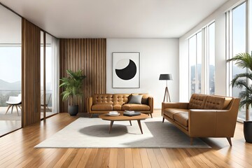 Modern mid century and minimalist interior of living room, leather armchair with table on white wall and wood floor, 3d render. Generative AI