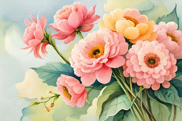 Classical vintage floral greeting card, watercolor bouquet of. Generative AI