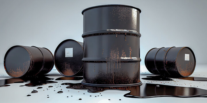 black oil barrels with crude sign spill oil on the floor, industry concept, Generative AI