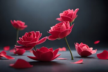 3D render flying petals of roses with on an black background. Generative AI