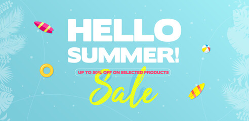 Hello Summer Sale Horizontal Banner Vector Illustration