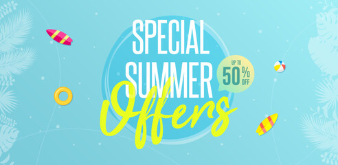 Special Summer Offers Up to 50% Off Horizontal Banner Vector Illustration