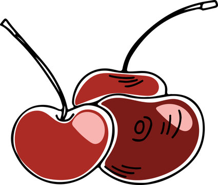 Vector three lineart style red cherries in a bunch isolated on white background