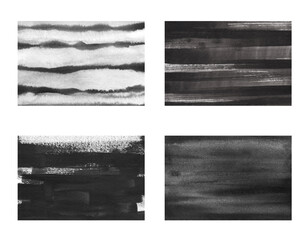 Set of abstract, black, textured, striped, watercolor backgrounds with gradient. Drawn by hand. For decoration, template and design.