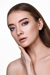 woman touching and enjoy perfect skin on white background