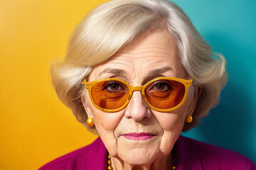 Portrait of a stylish elderly caucasian woman with blonde hair and sunglasses on abstract colorful painted wall background, summer vibrancy. Generative AI.
