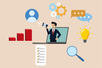 Media information for business people with many target goals. Illustration of a successful businessman through information media.