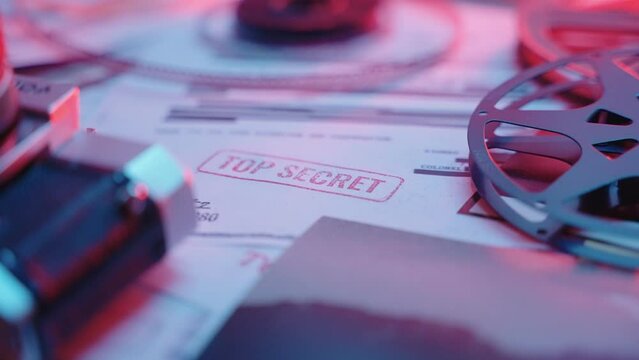 Camera pulls away from Top Secret red stamp marked on official classified paper. Security clearance marked on document of government leaked information. Retro looking desk with film reels and photos