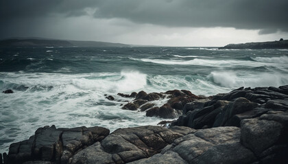 Fototapeta premium Breaking waves crash against rocky coastline beauty generated by AI