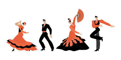 Flamenco collection. Set of vector illustrations of men and women dancing traditional spanish dances. Couples in folk costumes - obrazy, fototapety, plakaty