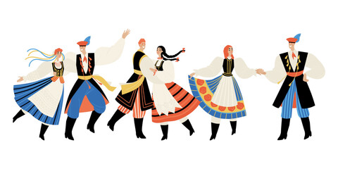 Set of vector illustrations of men and women dancing traditional polish dances. Couples in folk costumes - obrazy, fototapety, plakaty