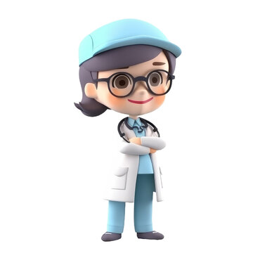 Young smiling woman doctor with glasses, medical specialist Medicine concept. Cute 3d icon people character illustration. Cartoon minimal style on isolated transparent background png. Generative ai
