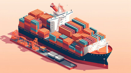 Container Cargo Ship in the ocean transportation, Global Business Logistics by Container Vessel, shipping freight concept. Isometric illustration. Generative AI
