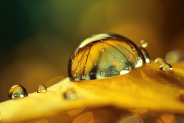 Transparent drop of water on a leaf. Drops of dew in the morning glow in the sun. Generative AI