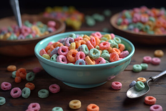 Pastel colored froot loops with small spoon. Delicious fruit cereal rings. Generative AI