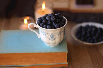 Cup of blueberries, set of books, phone, eyeglasses, lit candles and blanket on the table. Hygge at home. Selective focus.