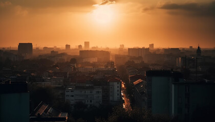 Glowing city skyline at dusk, no people generated by AI