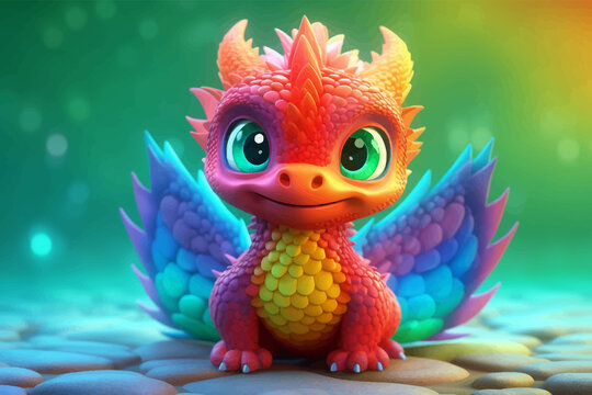 Super cute rainbow little baby dragon with big eyes and wings. Fantasy monster in the forest. Сartoon character. Fairy tale. 3d digital illustration