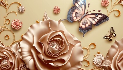 3D rose flower and butterfly background amazing design, Generative AI 