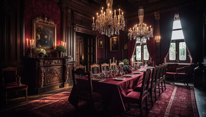 Fototapeta na wymiar Luxury dining room with elegant chandelier lighting generated by AI