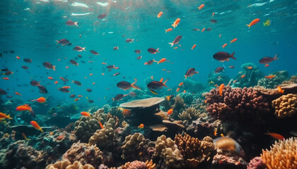 Fototapeta na wymiar School of fish swim through colorful coral generated by AI