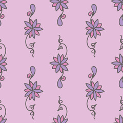 Fototapeta na wymiar seamless repeat pattern with simple hand drawn peacock motif with floral body with pink and purple color perfect for fabric, scrap booking, wallpaper, gift wrap projects